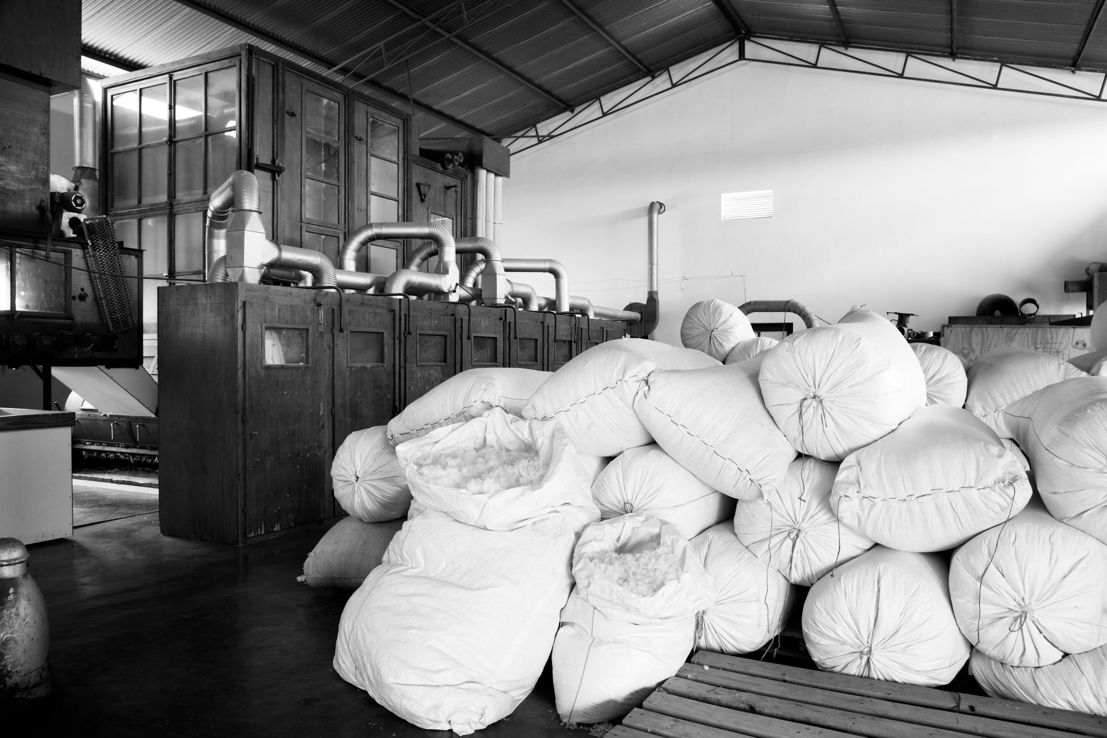Stack of bags in a warehouse setting with feather sorting machine.